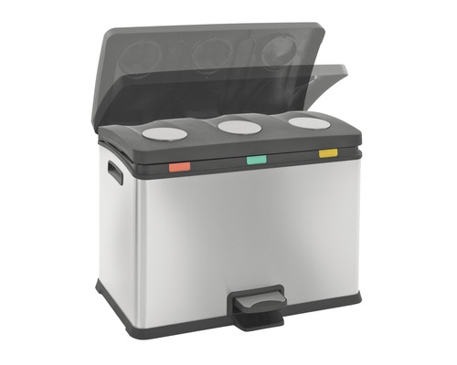 Système de tri des déchets en acier inoxydable avec trois compartiments et pédale