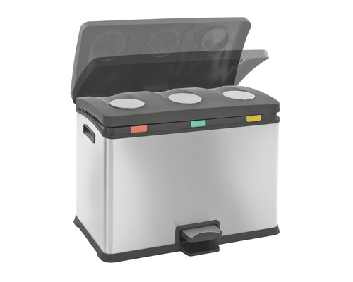 Poubelle en acier inoxydable avec trois compartiments et mécanisme à pédale