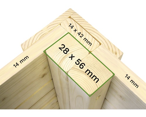 Detailansicht eines Holzrahmens mit den Maßen 14 mm, 14 x 42 mm und 28 x 56 mm.