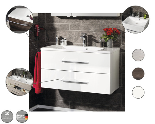 Meuble sous-lavabo avec deux tiroirs, robinetterie, lavabo et décoration