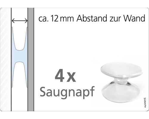 Vier transparente Saugnäpfe mit schematischer Darstellung des Wandabstands von circa 12 Millimetern.