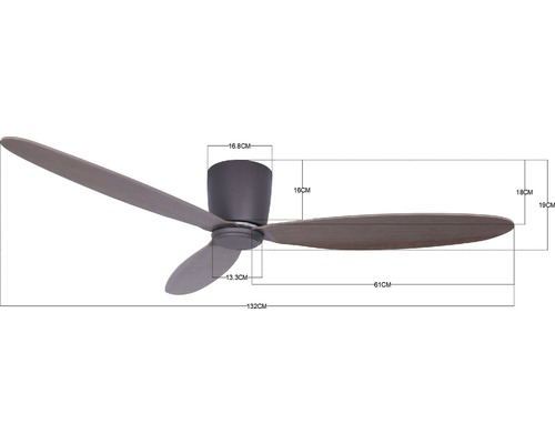 Die Abmessungen des Deckenventilators sind dargestellt.