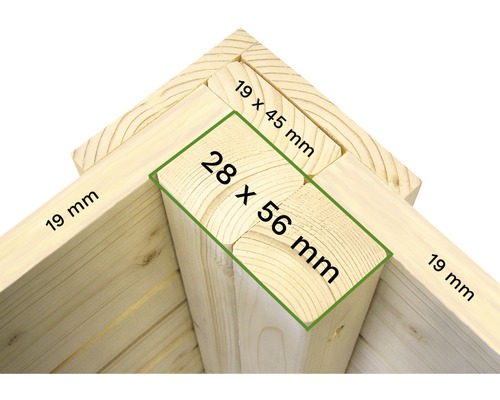 Holzkonstruktion Detail mit Maßangaben 19 mm, 19 x 45 mm, 28 x 56 mm