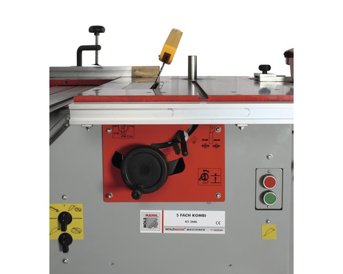 Vue détaillée d''une machine à bois avec lame de scie et éléments de commande.