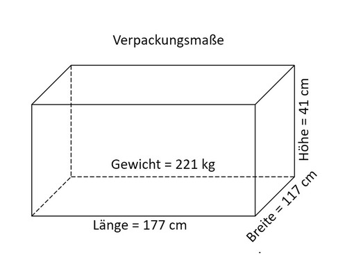 Verpackungsmaße: Länge 177 cm, Breite 117 cm, Höhe 41 cm, Gewicht 221 kg