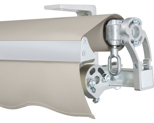 Detailansicht einer Markise mit Stoff und Aluminiumrahmen