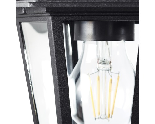 Vue détaillée d''un luminaire extérieur noir avec une ampoule.