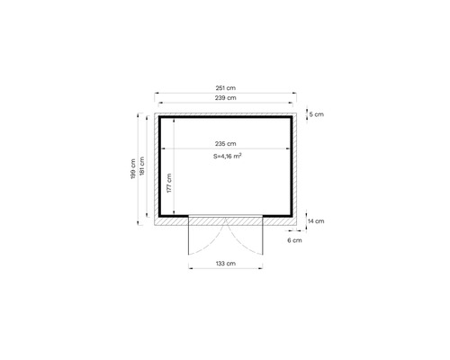 Grundrisszeichnung eines Gartenhauses mit Maßangaben