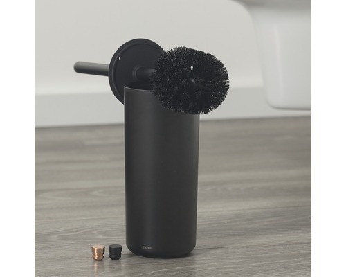 Schwarze Toilettenbürste mit Halter und zwei Ersatzknöpfen