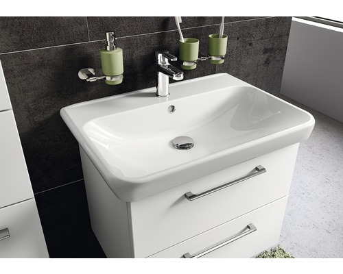 Meuble-lavabo avec armoire basse, robinet, distributeur de savon et gobelet pour brosses à dents