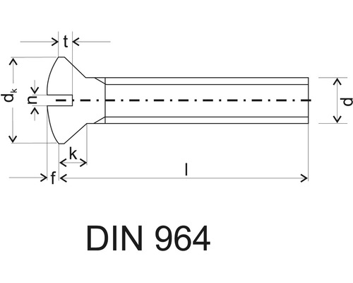 Dessin technique d''une vis à bois à fente selon DIN 964 avec indication des dimensions