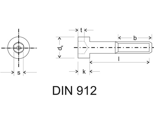 Technische Zeichnung einer Zylinderschraube nach DIN 912 mit Maßangaben
