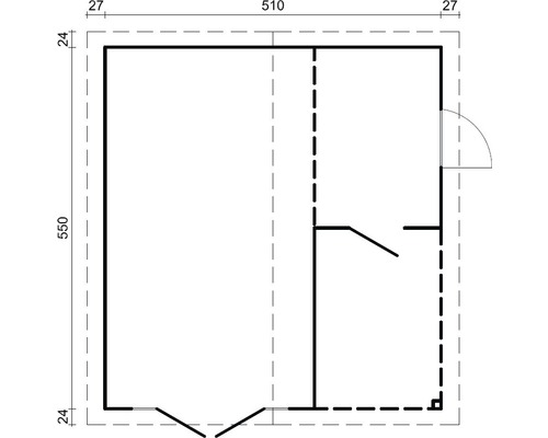 Grundrisszeichnung eines Gartenhauses mit Abmessungen