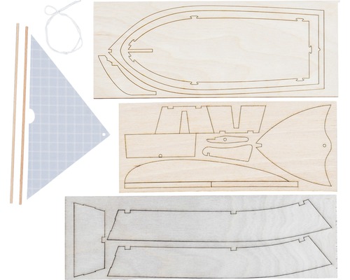 Holzbausatz für ein Segelboot mit Segel, Leine und Holzstäben