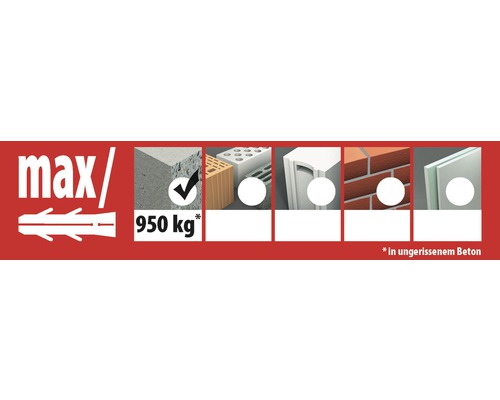 Illustration montrant une cheville dans divers matériaux de construction et une charge maximale de 950 kilogrammes dans le béton