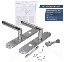 Set bestehend aus zwei Langschildern mit Griff, einem Vierkantstift 8x105 Millimeter, einem WC Riegel, vier Schrauben, zwei Madenschrauben und einer Montageanleitung.