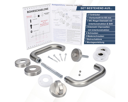 Edelstahl Türbeschlagset mit Türgriffen, Vierkantstift, WC-Riegel, Cliprosetten, Schrauben, Bohrschablone und Montageanleitung