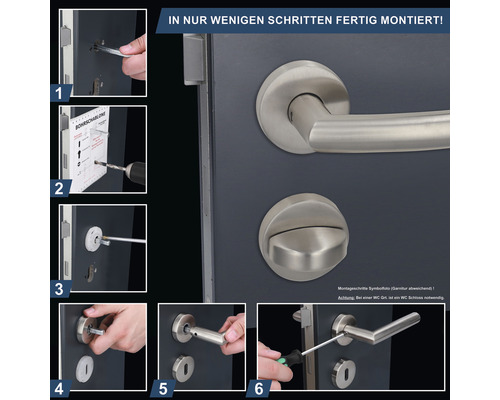 Montageanleitung für eine Türgarnitur mit Türdrücker und Rosette in wenigen Schritten.