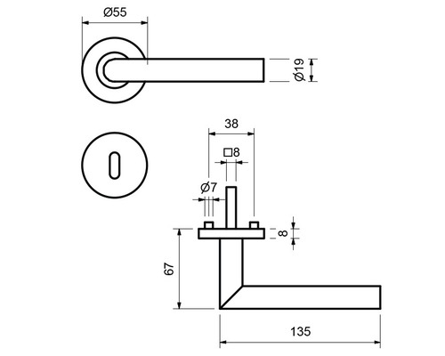 Schéma technique d''une poignée de porte avec rosace et dimensions