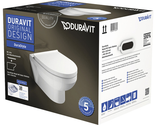 Verpackung einer Duravit DuraStyle Wandtoilette Basic Rimless mit Absenkautomatik
