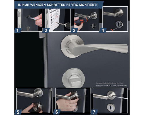 Montageanleitung für eine Türgarnitur mit sieben Schritten