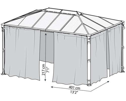 Image d''un pavillon avec rideaux et dimensions.