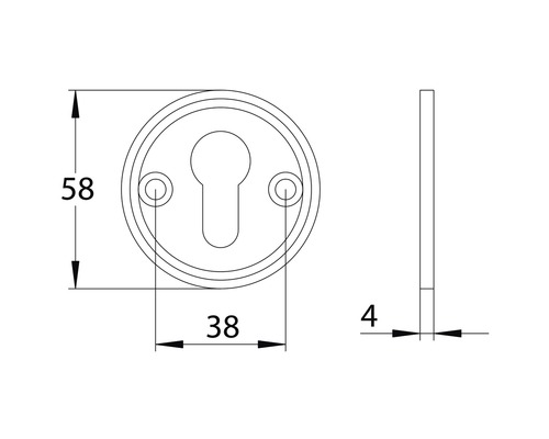 Technische Zeichnung eines Türbeschlags mit den Maßen 58 mal 38 mal 4 Millimeter