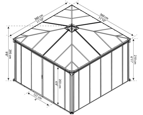 Skizze eines Pavillons mit Größenangaben