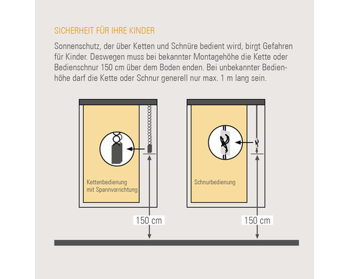 Information zur Kindersicherheit für Sonnenschutzprodukte mit Bedienketten und Zugschnüren.