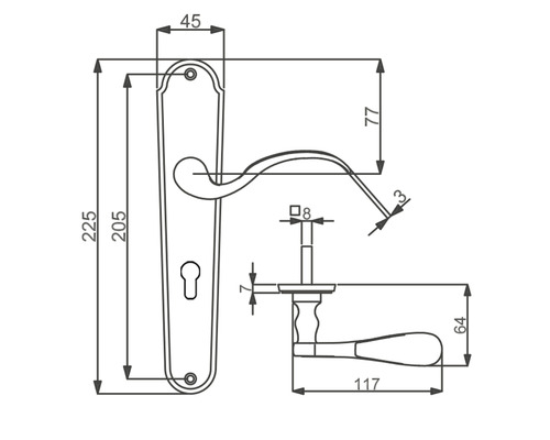 Dessin technique d''une poignée de porte avec dimensions