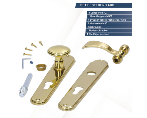 Messingfarbenes Türbeschlag-Set bestehend aus Langschild, Knopflangschild, Drückerlochteil, Wechselvollstift, Schrauben, Madenschrauben und Gleitlagerbuchsen
