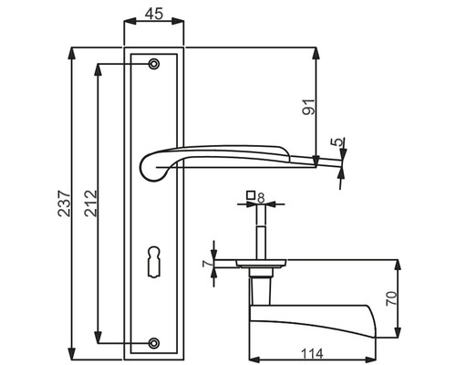Technische Zeichnung eines Türbeschlags mit Maßangaben