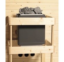 Blockbohlensauna Karibu Svea inkl. 9 kW Ofen u.integr.Steuerung mit Dachkranz und Holztüre mit Isolierglas wärmegedämmt-thumb-6