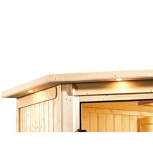Blockbohlensauna Karibu Svea inkl. 9 kW Ofen u.integr.Steuerung mit Dachkranz und Holztüre mit Isolierglas wärmegedämmt-thumb-8