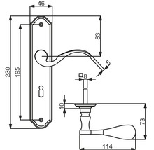 Schéma technique d''une poignée de porte avec dimensions