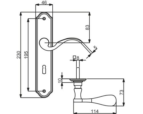 Technische Zeichnung eines Türdrückersets mit Maßangaben