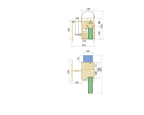 Dimensions d''une tour de jeux avec balançoire et toboggan