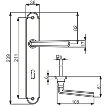 Schéma technique d''une poignée de porte avec dimensions