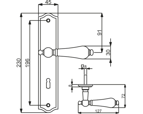 Schéma technique d''une béquille de porte avec plaque longue et indications de dimension