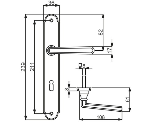 Technische Zeichnung eines Türdrückers mit Maßangaben