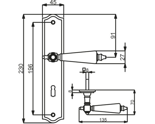 Technische Zeichnung eines Türgriffs mit Maßangaben