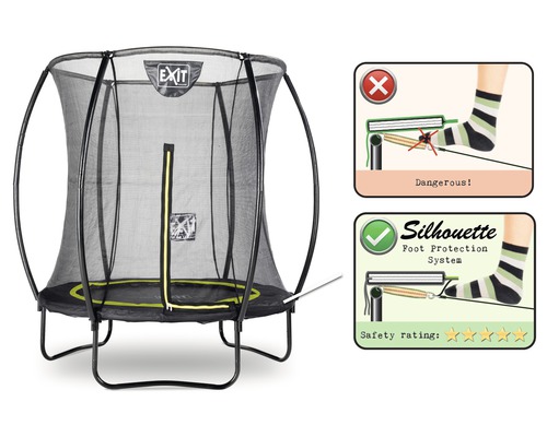 Trampoline avec filet de sécurité et illustrations sur la protection des pieds
