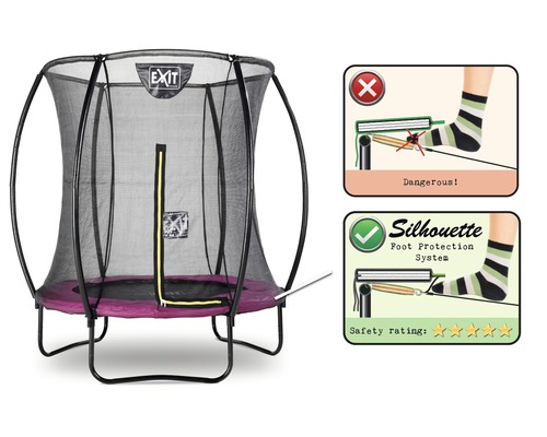 Trampoline avec filet de sécurité et informations sur la protection des pieds