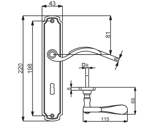 Technische Zeichnung eines Türbeschlags mit Maßangaben