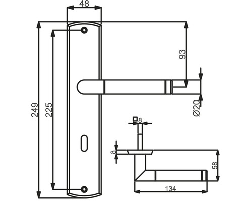Technische Zeichnung eines Türgriffs mit Maßangaben
