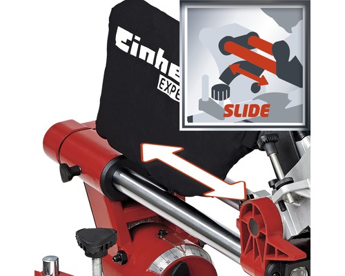 Logo Einhell sur une scie à onglet qui démontre la fonction coulissante