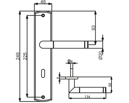 Technische Zeichnung eines Türdrückers mit Maßangaben
