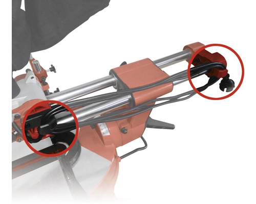 Vue détaillée d''une scie à onglet avec câble et dispositif de traction