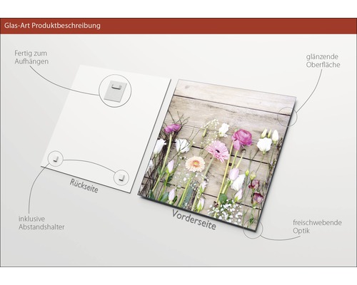 Image en verre avec motif floral, support mural et entretoises inclus