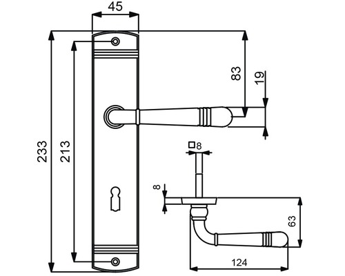 Schéma technique d''une poignée de porte avec indications de dimensions